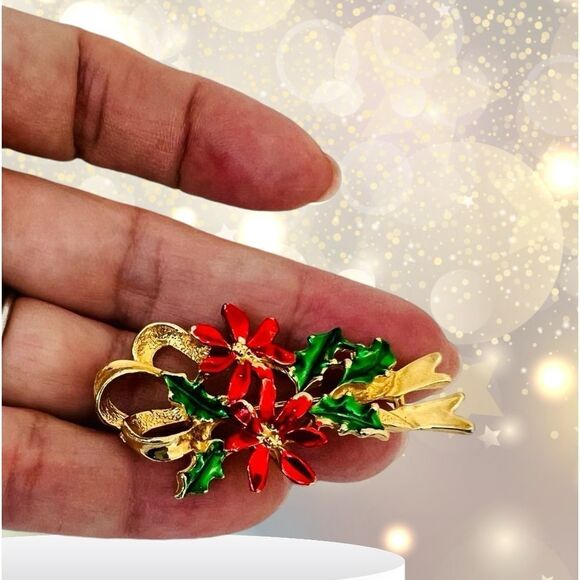 Vintage Christmas brooch gold tone & enamel - Picture 2 of 6